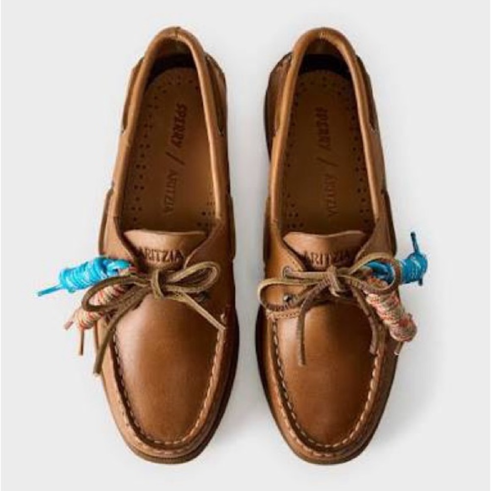 Aritzia x Sperry Brown Leather Loafers with Blue Accents